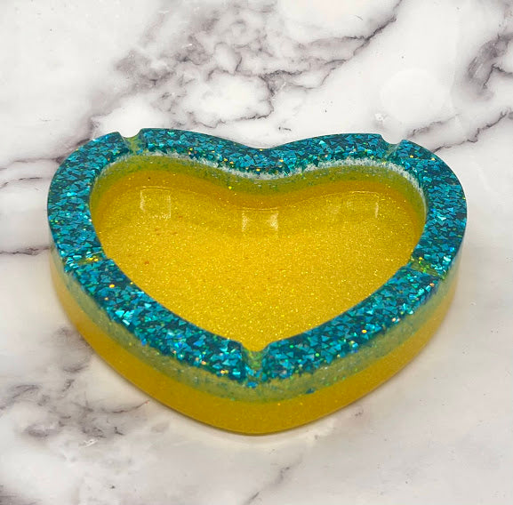 Epoxy Heart Trinket Dish/Ashtray Yellow and Blue
