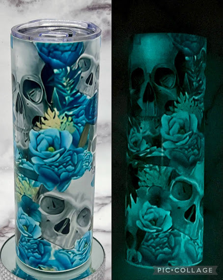 Skull Flowers - 20 oz Tumbler Glow in the Dark (Blue)