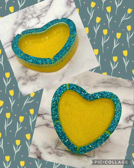 Epoxy Heart Trinket Dish/Ashtray Yellow and Blue
