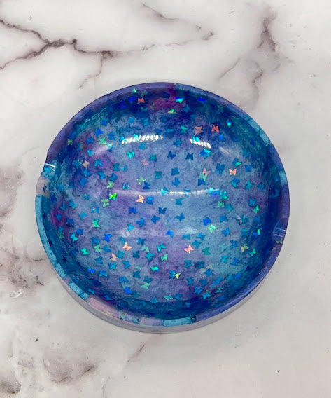 Epoxy Small Dish/Ashtray Purple and Blue with Butterfly Glitter