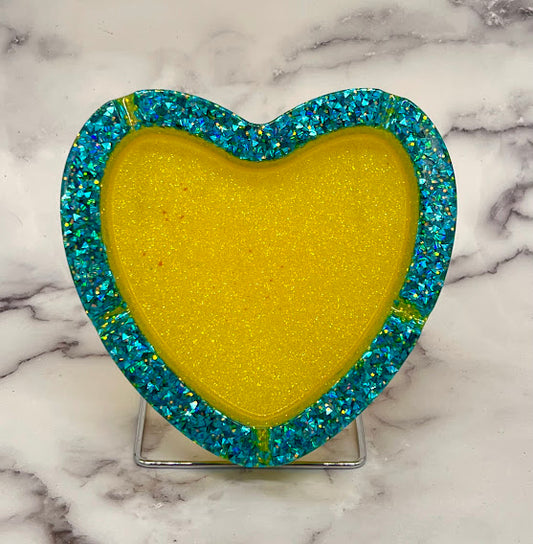 Epoxy Heart Trinket Dish/Ashtray Yellow and Blue