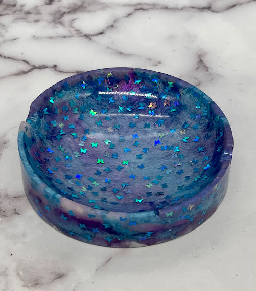 Epoxy Small Dish/Ashtray Purple and Blue with Butterfly Glitter